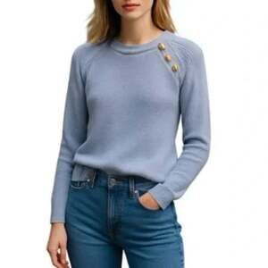 J.Crew Factory Button Shoulder Crewneck Ribbed Sweater Blue Large